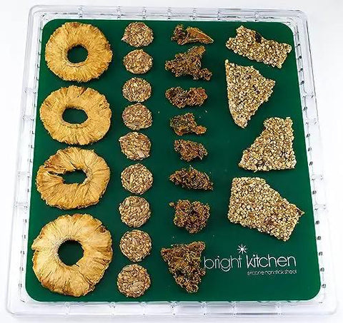 Heavy Duty Silicone Non Stick Dehydrator Mats For 6 Tray Ovens And Countertops Tough No Fuss Kitchen Baking Sheets For Fruit Roll Ups Crackers And Jerky Legit Teflon Free Flat Dry Trays with dried fruit and snacks.