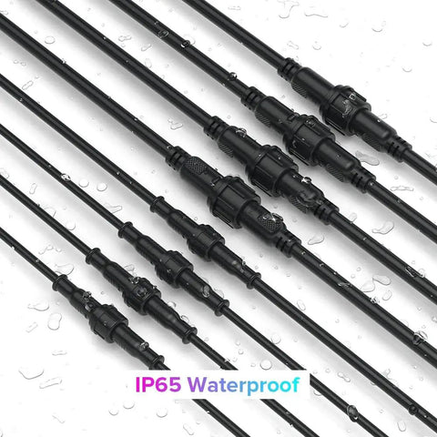 3 Pin Electrical Connector Kit 22AWG IP65 Waterproof Male And Female Plug And Play Extension Cables arranged with water droplets