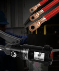12 Ton Hydraulic Wire Crimper With 10 Die Set for Battery Cable Lugs, handles 8AWG through 40AWG, tool and red cables shown