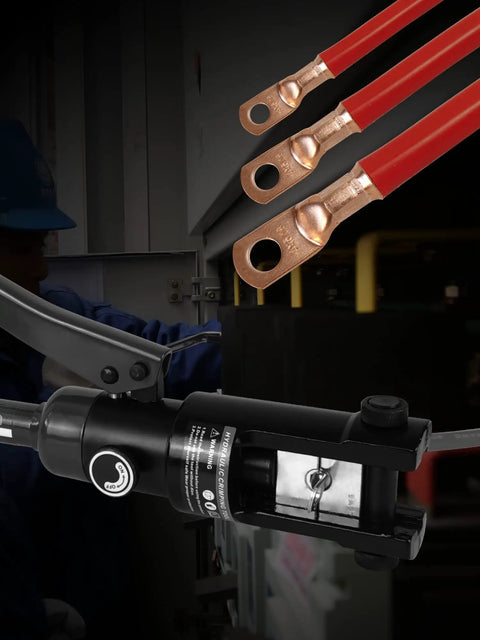 12 Ton Hydraulic Wire Crimper With 10 Die Set for Battery Cable Lugs, handles 8AWG through 40AWG, tool and red cables shown
