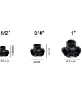 Three Quarters Inch Black Side Outlet Elbow Three Way Corner Pipe Fitting For Industrial Vintage Style Diy Projects In Furniture Shelving And Home Decor Cast Malleable Iron, shown with size comparison to 1/2 inch and 1 inch fittings