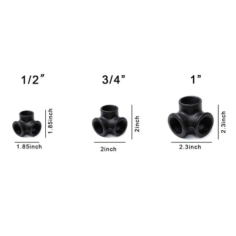 Three Quarters Inch Black Side Outlet Elbow Three Way Corner Pipe Fitting For Industrial Vintage Style Diy Projects In Furniture Shelving And Home Decor Cast Malleable Iron, shown with size comparison to 1/2 inch and 1 inch fittings