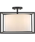 Manhattan Semi Flush Ceiling Light in Matte Black with White Shade, damp-rated open cage design, steel construction for modern spaces.