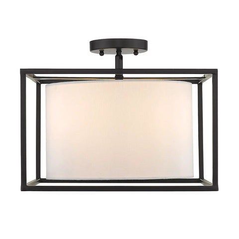 Manhattan Semi Flush Ceiling Light in Matte Black with White Shade, damp-rated open cage design, steel construction for modern spaces.