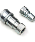 Two chrome hydraulic quick-connect couplers with knurled sleeve and 1/4" NPT fittings.