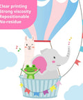 Hot Air Balloon Wall Decals For Kids Room, Cute Animal Cloud Stickers, featuring elephant, llama, and frog in a basket with flags.