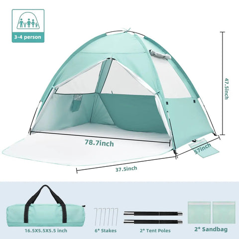 Ultra Spacious Beach Tent For 3 To 4 People With Easy Setup, UPF 50 Plus UV Protection, 95 Inches Long By 79 Inches Wide By 48 Inches High