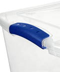 Close-up of blue handle on Super Sized 66 Quart Clear Plastic Storage Bins With Lids stackable heavy duty totes.