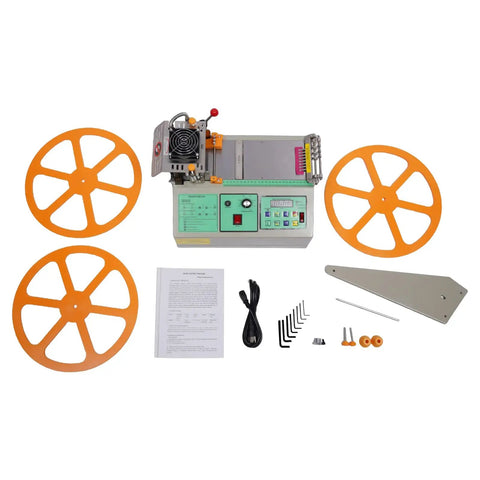Hot And Cold Cutting Textile Cutter For Webbing Ribbon And Zipper With Handguard Blade Cover, shown with accessories and reels.