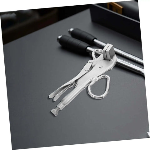 Heavy Duty Adjustable Locking Steel Plate Clamp Pliers on a metal surface for auto body repair and welding, wide duckbill jaw visible