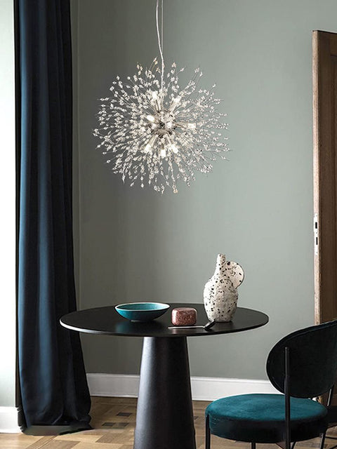 Sputnik Crystal Chandelier With Firework Chrome Finish, Dandelion Style Pendant Light Fixture, 9 Lights, hanging over dining table.