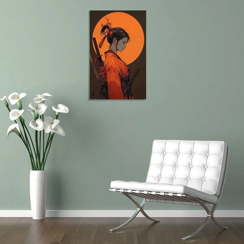 Anime Samurai Girl Sunset Canvas Wall Art Prints Fade Resistant Classical Home Decor For Bedroom Bathroom Living Room Office 12x18 Inch mounted on a wall.