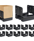 10 Pack 4x4 Post Base Anchors For Concrete, Wood Or Iron Posts, Great For Pergolas, Fences, Decks, Mailboxes, And Other Outdoor Posts, Heavy Duty Bracket Kit In Black, displayed in a set and installed view