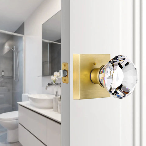 Square Glass Diamond Knob Set With Lock For Bedroom And Bathroom Privacy, Satin Brass Gold Finish Door Handles