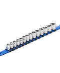 Three Eighths Inch Drive Stubby Socket Set, 14 Piece Six Point Metric Sockets With Mirror Chrome Finish, on blue rail