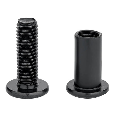 Zero Sweat Assembly M8x25mm Black Barrel Nuts And Heavy Duty Furniture Bolts 100 Pack For Woodworking and Mechanical Assembly. Close-up view.