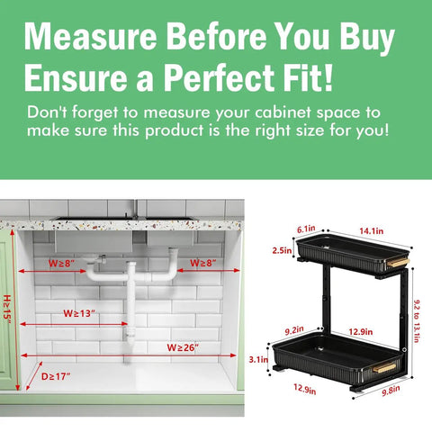 Heavy Duty Hella Spacious Pull Out Under Sink Organizer With Slick Sliding Bottom Tray For Kitchen Cabinets Bathroom Vanities And Pantries No Hassle Multi Purpose Rack dimensions and fit guide next to an under-sink area.