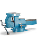 Heavy Duty Reversible Bench Vise With Dual Jaw Configurations 6.5 Inch Jaw Width And 6.7 To 10.8 Inch Jaw Opening Perfect For Handling Big And Small Workpieces In The Shop Durable Pro Grade Build For Pros And DIY Enthusiasts. blue metal bench vise with 6.5 in jaws and swivel base