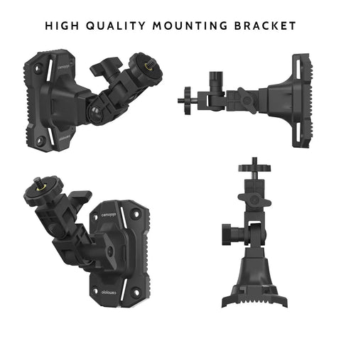 Trail Camera Mounting Bracket With 1/4-20 Threaded Insert 360 Degree Rotating Adjustable Holder, various angles, black.