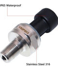 Oil Pressure Sensor Transmitter 0 To 150 PSI With One Eighth Inch NPT Thread 316 Stainless Steel Ceramic Pressure Plate 0.5 To 4.5 Volt Output 5 Volt Supply Heavy Duty Harness Kit For Oil Air Fuel Water Systems, IP65 waterproof, stainless steel 316 material