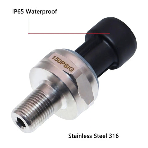 Oil Pressure Sensor Transmitter 0 To 150 PSI With One Eighth Inch NPT Thread 316 Stainless Steel Ceramic Pressure Plate 0.5 To 4.5 Volt Output 5 Volt Supply Heavy Duty Harness Kit For Oil Air Fuel Water Systems, IP65 waterproof, stainless steel 316 material
