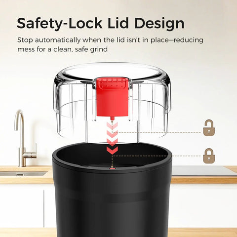 Safety lid mechanism of One Touch Coffee Grinder With Stainless Steel Blades For Beans Spices And Dry Grinding Adjustable Coarse To Fine