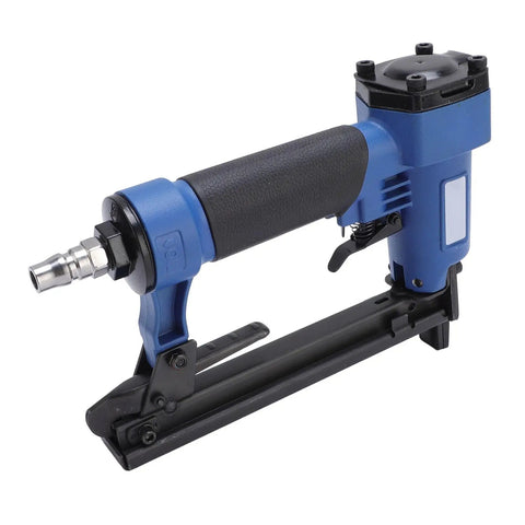 Heavy Duty Pneumatic Brad Nailer With Aluminum Alloy Build And Anti Jam Nozzle For Smooth One Hand Operation And Reliable Fastening Power On Carpentry Jobs, side view showing grip and nozzle.