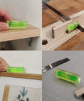 Bubble Level Vial, Spirit Level in green used for horizontal leveling on a wooden shelf and measuring tasks.