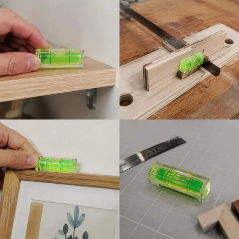 Bubble Level Vial, Spirit Level in green used for horizontal leveling on a wooden shelf and measuring tasks.
