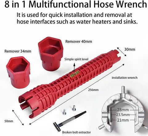 8 In 1 Multifunctional Sink Wrench Kit For Tight Spaces with 34mm and 40mm removers, spirit level, and bolt extractor.