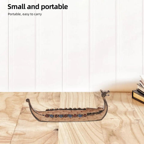 Dope Viking Dragon Ship Model Resin Sculpture for home decor on wooden desk, showing portable size and dragon head design.
