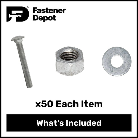 Image displaying components of 3/8-16 X 4 Inch Hot Dip Galvanized Carriage Bolt Kit Grade 307A With 50 Flat Washers And 50 Hex Nuts For Exterior Use Beefy All Weather Heavy Duty Outdoor Hardware Kit, including a bolt, nut, and washer.