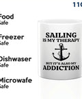 Is My Therapy Sailor Coffee Mug 11oz White For Boaters And Lake Lovers with anchor design, labeled safe for food, freezer, dishwasher, microwave.