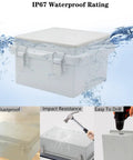 Junction Box Weatherproof Outdoor Enclosure IP67 ABS Plastic Dustproof Waterproof With Hinged Grey Clear Cover And Stainless Steel Buckles Rugged 17.7 By 13.8 By 7.9 Inch Project Box For Electrical Gear demonstrating waterproof rating.