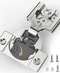Killer Quality Soft Close Cabinet Hinges Two Pack 3/8 Inch Face Frame Overlay showing stainless steel hinge and screws.