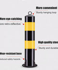 Heavy Duty Traffic Safety Bollards Constructed Tough With Vivid Reflective Tape For Driveway Barriers And City Streets Premium Steel Warning Stakes Secure Mounting Set showing a yellow and black reflective finish.