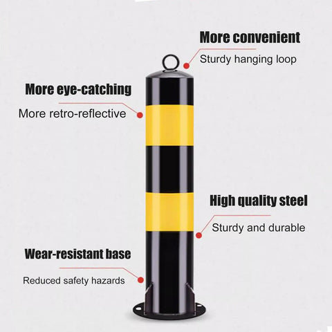 Heavy Duty Traffic Safety Bollards Constructed Tough With Vivid Reflective Tape For Driveway Barriers And City Streets Premium Steel Warning Stakes Secure Mounting Set showing a yellow and black reflective finish.