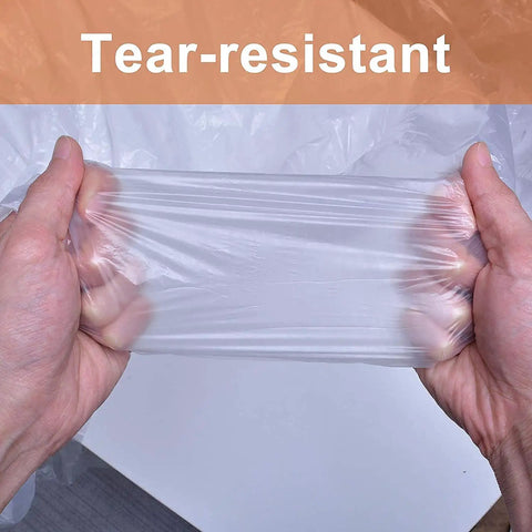 Hands stretching tear-resistant plastic sheeting from 10 Pack Painting Drop Cloths 9x12 Feet Clear Plastic Sheeting Tarp Waterproof Dustproof Tear Resistant Floor Wall Protection For Home Renovations And DIY Projects.