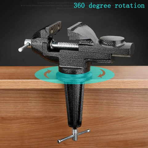 Heavy Duty Clamp On Vise With 360 Degree Rotating Jaw, 3.2 Inch Wide Jaw, showing edge mount on wooden surface, black finish