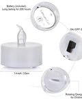 Close-up of 100 Pack Flameless LED Tea Lights Candles with realistic flicker, showing battery compartment, switch, and dimensions