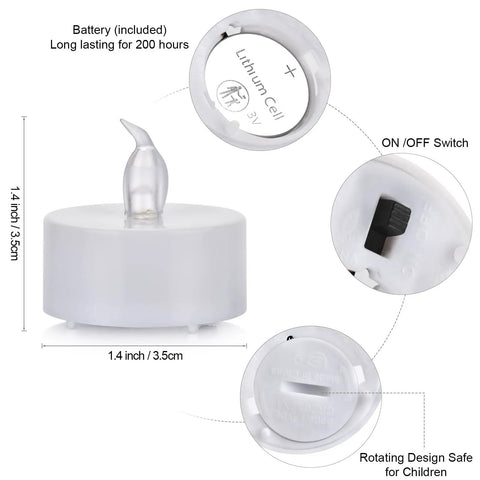 Close-up of 100 Pack Flameless LED Tea Lights Candles with realistic flicker, showing battery compartment, switch, and dimensions