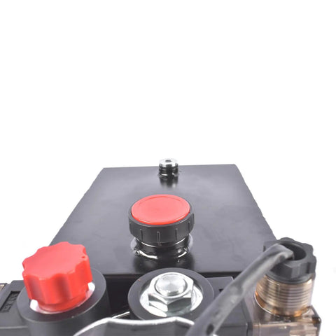 Beefed-Up 4 Quart Hydraulic Power Unit with 12V DC Motor, close-up view, showing 6 Port, 4 Liter Tank and electrical connectors.