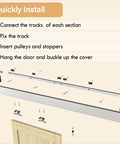 Diagram showing assembly steps for 6Ft Sliding Barn Door Hardware Kit With Low Clearance Aluminum Box Rail For Wooden Interior Doors.