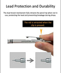Graph Gear 1000 Mechanical Drafting Pencil 0.4mm set demonstrating retractable nib feature for lead protection when not in use.