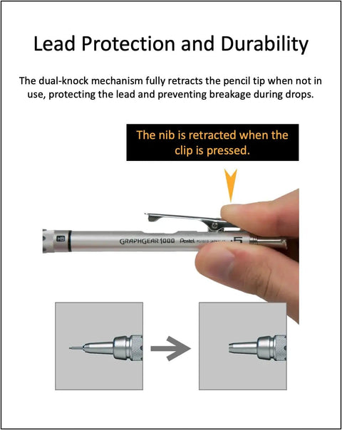 Graph Gear 1000 Mechanical Drafting Pencil 0.4mm set demonstrating retractable nib feature for lead protection when not in use.