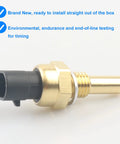 Coolant temperature sensor, brass body with black plastic connector and threaded shaft (side view)