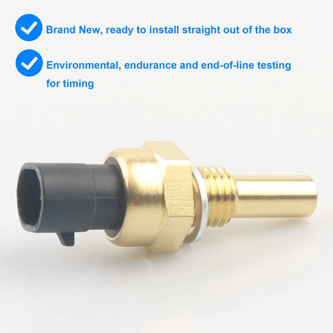 Coolant temperature sensor, brass body with black plastic connector and threaded shaft (side view)