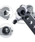 Close-up of Seven Die Flaring Tool Set For HVAC Tubing Copper Aluminum Brass Flares showing eccentric cone design and adapters