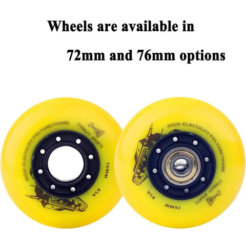 Inline Skate Wheels 85A 72mm and 76mm set in bright yellow, featuring sturdy PU material and smooth bearings for indoor and outdoor use.