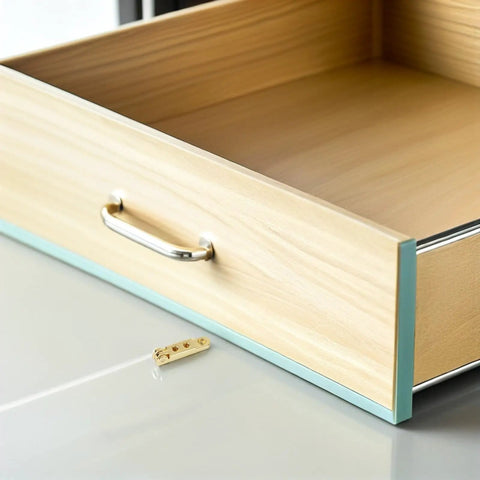 Drawer with Seven Shape Jewelry Box Hinges Kit Zinc Alloy 12 Pack Precision Cast Quiet Opening 90 Degree Angles Kit placed on surface